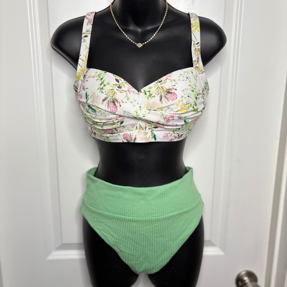 Aerie High Cut Cheeky Bikini Bottom Green Waffle Knit Textured Swim Med NEW NWT